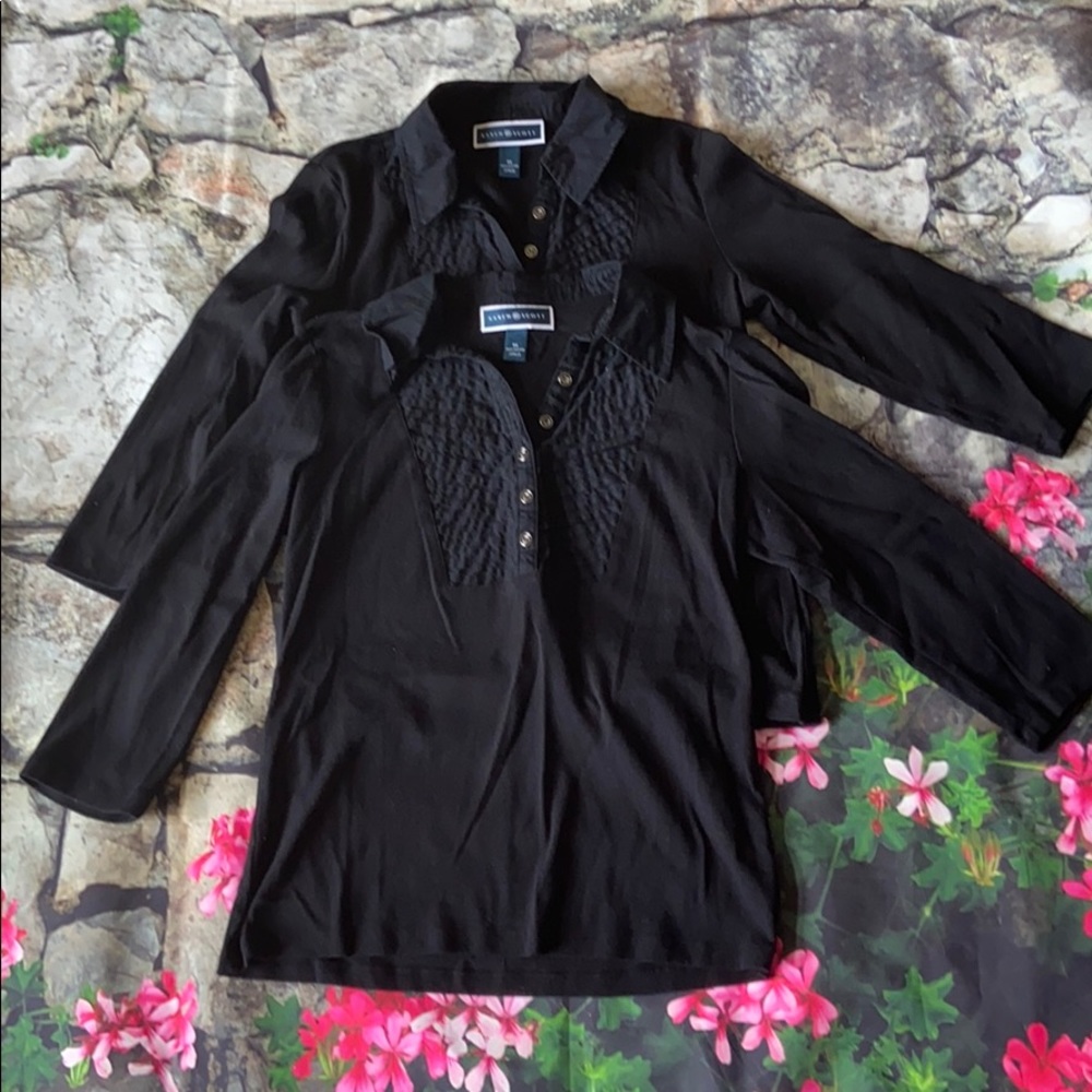Karen Scott Black Quilted Yoke 3/4 Sleeve Women's Top